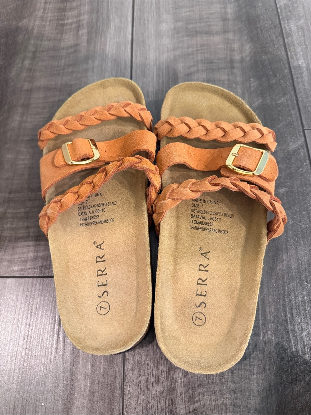 Serra Braided Double-Strap Slide Sandals in Tan Brown with Gold Buckles